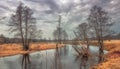 Sad dark landscape of wild nature on rural river with trees on shore. Early spring nature