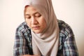 Sad depressed anxiety Asian muslim woman thinking contemplating bad thing happened in her life  stress exhausted feeling down Royalty Free Stock Photo