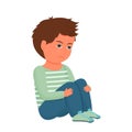 Sad, depressed child, kid sitting alone. Emotional pose, face. Psychology problem, stress concept isolated on white background