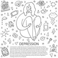 Sad and depressed girl sitting. Depression girl doodle