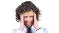 Sad, depressed tired young man , headache, Curly Hairs Royalty Free Stock Photo