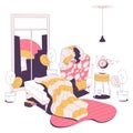 Sad and depressed woman with insomnia unable to wake up in the morning. Vector concept character in bedroom interior drawn with