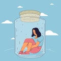 Sad depressed woman locked inside glass jar Royalty Free Stock Photo