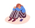 Sad depressed woman in tears, weeping, sobbing in despair. Upset frustrated tearful person in bad mood with mobile phone