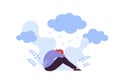 Sad and depression emotion concept. Vector flat people illustration. Woman sitting alone in depressed pose. Cloud with rain sign. Royalty Free Stock Photo