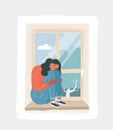 Sad depressive cry girl looking out the window. Sad depressive woman sitting on the windowsill Royalty Free Stock Photo