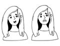 Sad depressive and joyful girl. Female portraits in cartoon doodle style. Vector linear hand drawing. Female emotional