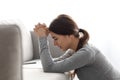 Sad despaired unhappy european young woman suffering from mental disorder praying for help and recovery Royalty Free Stock Photo