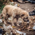 Sad, dirty dog near the garbage. World Homeless Animals Day. A hungry animal is looking for food