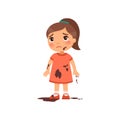Sad dirty girl flat vector color illustration. Unhappy caucasian toddler in mud