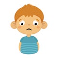 Sad And Disappointed Cute Small Boy With Big Ears In Blue T-shirt, Emoji Portrait Of A Male Child With Emotional Facial