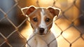 Homeless dog waiting for adoption in shelter cage behind fences looking at a viewer. Royalty Free Stock Photo