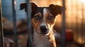 Homeless dog waiting for adoption in shelter cage behind fences looking at a viewer. Royalty Free Stock Photo