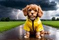 Sad dog wearing raincoat during a storm