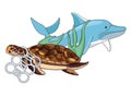 Sad dolphin and turtle stuck