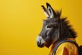 Sad donkey as a student with backpack, on yellow background. Royalty Free Stock Photo