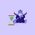 Sad dragon in business suit sits at hourglass