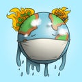 Sad earth 2d illustration suffering from coronavirus, amazon fires, Australia bush fires and global warming