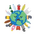 Sad Earth planet with trash print. Crying polluted Earth character Royalty Free Stock Photo