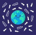 Sad Earth, surrounded by plastic bottles waste. Royalty Free Stock Photo