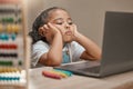 Sad, education and child with laptop for school, studying online and listening on a video call class from home. Tired Royalty Free Stock Photo