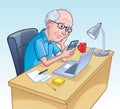 Sad Elderly Man Looking At Cell Phone At Desk