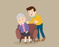 Sad elderly woman sitting and man comforting