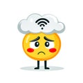 Sad emoji character experiencing weak wifi signal under a cloud