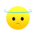 Sad emoji with halo. Innocent, remorseful face. Cute angelic expression. Vector illustration. EPS 10.