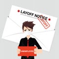 Sad entrepreneur man hanging with a unemployed sign in front of the notice of job termination layoff. Concept of jobless and Royalty Free Stock Photo