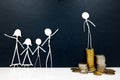 Sad and envious stick man figure on top of pile of coins beside a happy family. Genuine and true happiness in life, contentment. Royalty Free Stock Photo