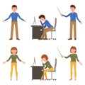 Sad, exhausted, miserable office boy and girl vector illustration. Standing with pointer unhappily, sitting cartoon character