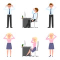 Sad, exhausted, miserable office boy, girl vector. Standing unhappily, talking on phone, depressed man, woman cartoon character Royalty Free Stock Photo