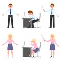 Sad, exhausted, miserable office boy, girl vector. Standing with pointer unhappily, sitting depressed man, woman cartoon character Royalty Free Stock Photo