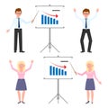 Sad, exhausted, miserable office guy and lady vector. Unhappy, depressed man and woman with bad report graphs cartoon character