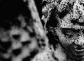 Sad eyes of angel of death . Black and white image. Fragment of ancient statueas symbol of pain and end of life