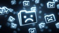 Sad face folders represent lost data flying in digital space Royalty Free Stock Photo