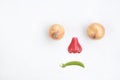 Sad face looking down of fresh fruit and vegetables isolated on a white background with copy space Royalty Free Stock Photo