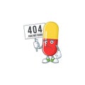 Sad face of red yellow capsules cartoon character raised up 404 boards