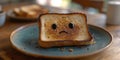 Sad face toast on plate with burnt edges and expressive eyes in cozy kitchen setting Royalty Free Stock Photo