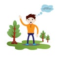 Sad faced boy raising one hand. Flat character vector illustration. Don`t leave me alone. Please don`t go away.