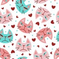 Grumpy faces of cats seamless vector pattern. Cute sad kittens with hearts, flat style. Hand drawn cartoon background