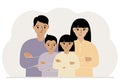 A sad family of mom dad and two children. Concept of family problems, psychological help or conflict.