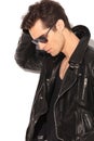 Sad fashion man in leather jacket looking down Royalty Free Stock Photo