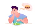 Sad fat guy eat green salad vector illustration. Cartoon man character sitting at table, eating diet healthy food Royalty Free Stock Photo