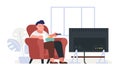 Sad fat guy watching TV and eating. Lazy man sitting in armchair in front of TV screen. Film television showing in Royalty Free Stock Photo