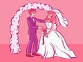 Sad fiancee cry, bridegroom tries to comfort her. Cartoon style illustration