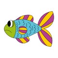 Cartoon sad fish in blue, yellow, purple, green color isolated on white. Royalty Free Stock Photo