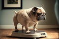 sad French bulldog on weight scale. Generative AI