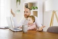 sad and frustrated father in kitchen home office with computer and her daugher